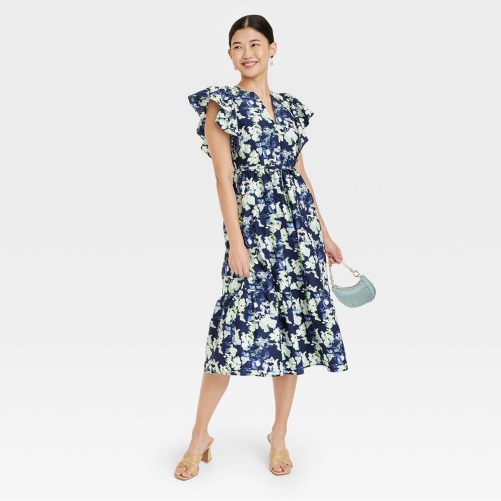 Women's Flutter Short Sleeve Poplin Tiered
Midi Dress - A New Day Navy F…